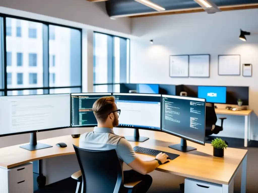 Equipo de desarrolladores en oficina moderna, colaborando en proyecto backend