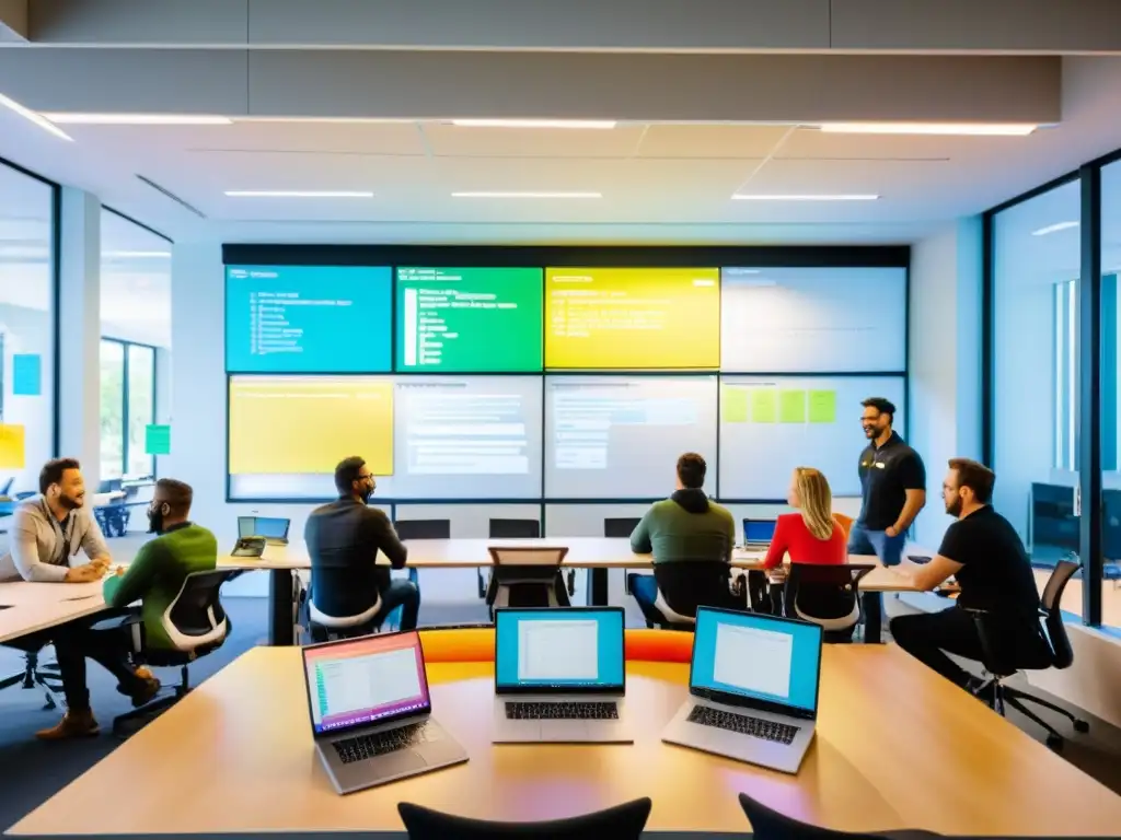 Equipo de desarrolladores colaborando en una oficina moderna, con herramientas de control de versiones open source