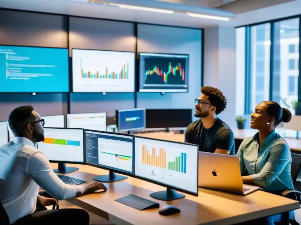 Equipo de desarrolladores colaborando en una oficina moderna, con monitores grandes mostrando código y visualizaciones de datos