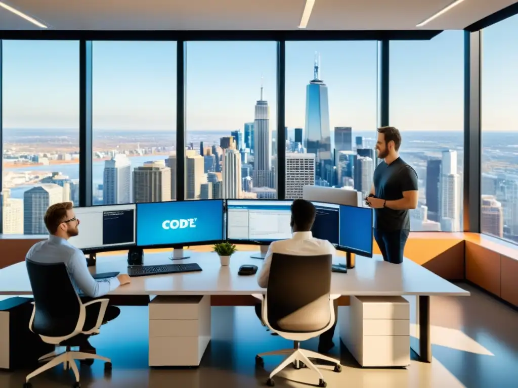 Equipo de desarrolladores en oficina moderna con vista a la ciudad, colaborando en la integración de Git Equipo de desarrolladores en oficina moderna, colaborando y usando integración Git en IDE favorito para resolver problemas