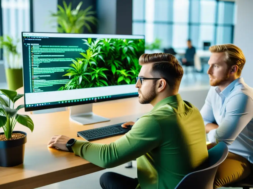 Equipo de desarrolladores en una oficina moderna, revisando código con intensidad y colaboración