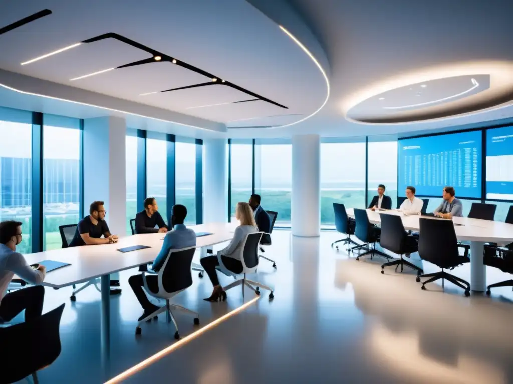 Equipo de desarrolladores en una oficina moderna, colaborando en la Gestión de Proyectos en Linux, rodeados de tecnología y luz natural