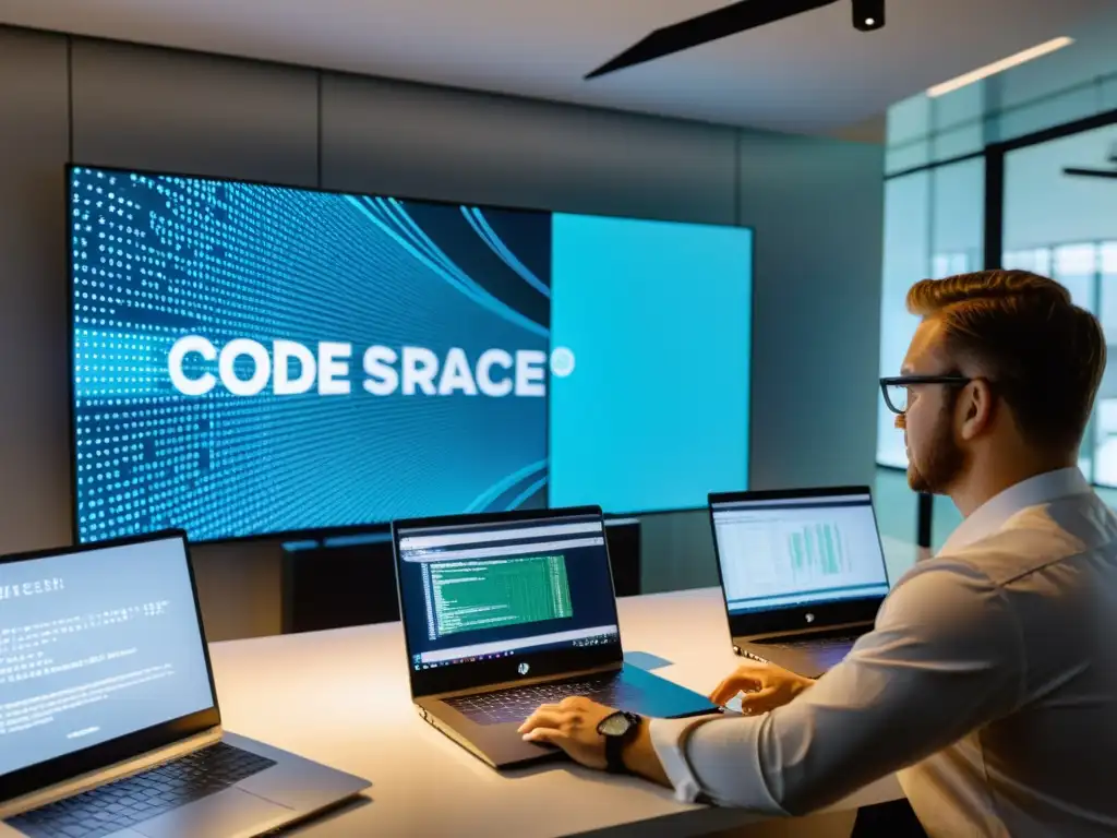 Equipo de desarrolladores colaborando en un programa, con visualizaciones de código y datos en pantalla