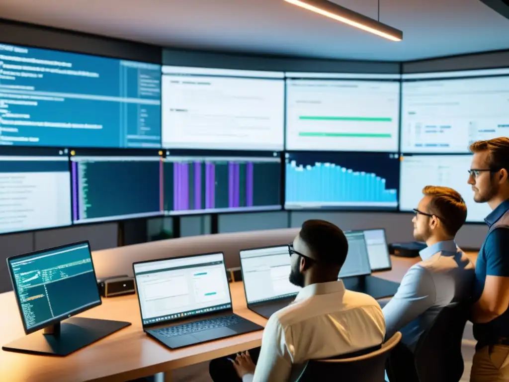 Un equipo de desarrolladores colaborando en un proyecto de codificación con herramientas de control de versiones open source en pantallas