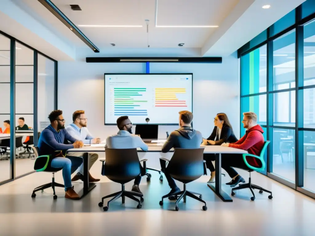 Equipo de Desarrollo Frontend: Colaboración Creativa Equipo de desarrolladores colaborando en proyecto frontend con Git, discutiendo código y arquitectura en una oficina moderna llena de luz natural