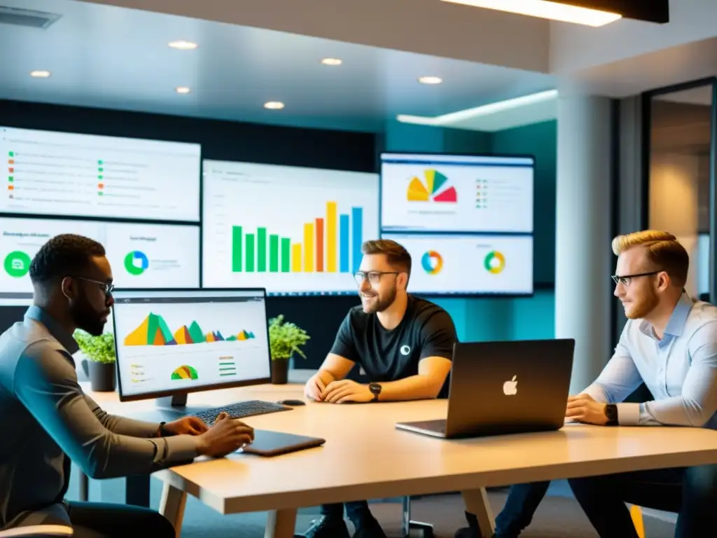 Equipo de desarrolladores colaborando en proyecto frontend con Git Equipo de desarrolladores colaborando en proyecto frontend con Git en oficina moderna