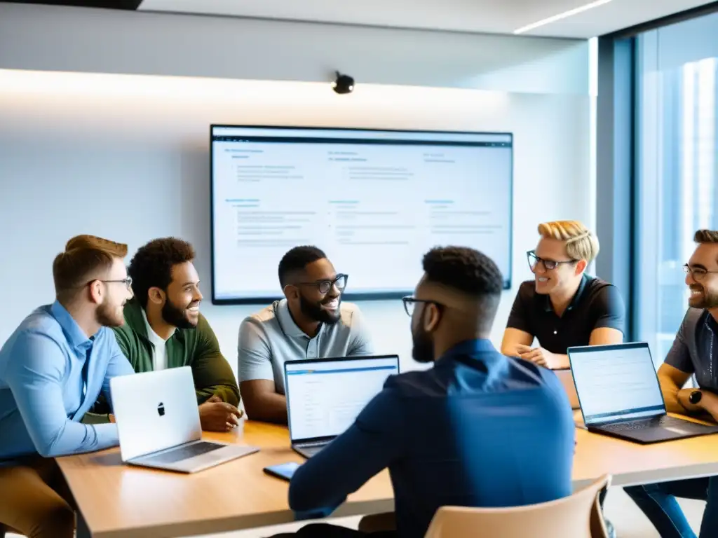 Desarrolladores colaborando en proyecto frontend con Git y GitHub Equipo de desarrolladores colaborando en proyectos frontend con Git en una oficina moderna, discutiendo cambios de código y planes del proyecto