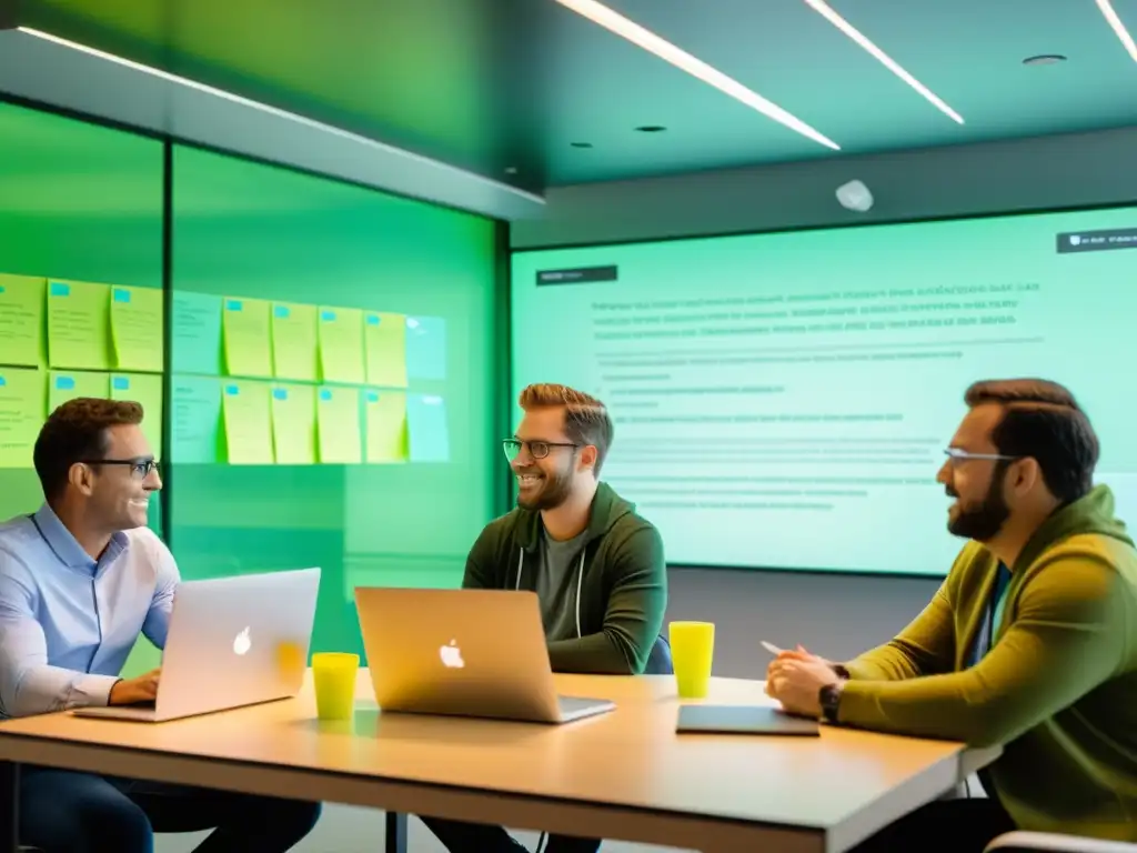 Equipo de desarrolladores discutiendo Pruebas BDD con Cucumber en desarrollo en una sala moderna y colaborativa con luz natural