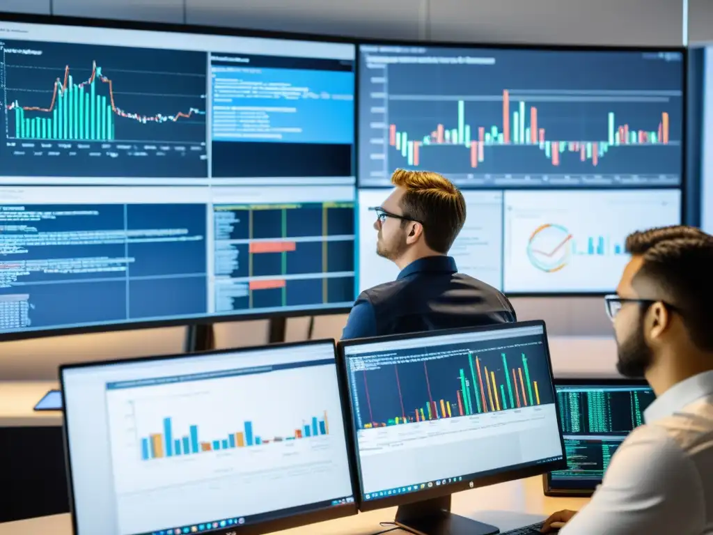 Equipo de Desarrolladores de Software Colaborando en Código Equipo de desarrolladores de software colaborando en código con seguridad en desarrollo de código abierto, en un ambiente dinámico y profesional