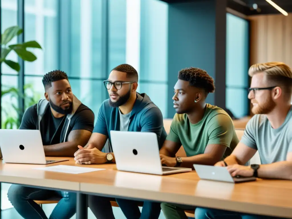 Equipo de desarrolladores de software diverso en una oficina moderna, colaborando con ética en el desarrollo de software abierto