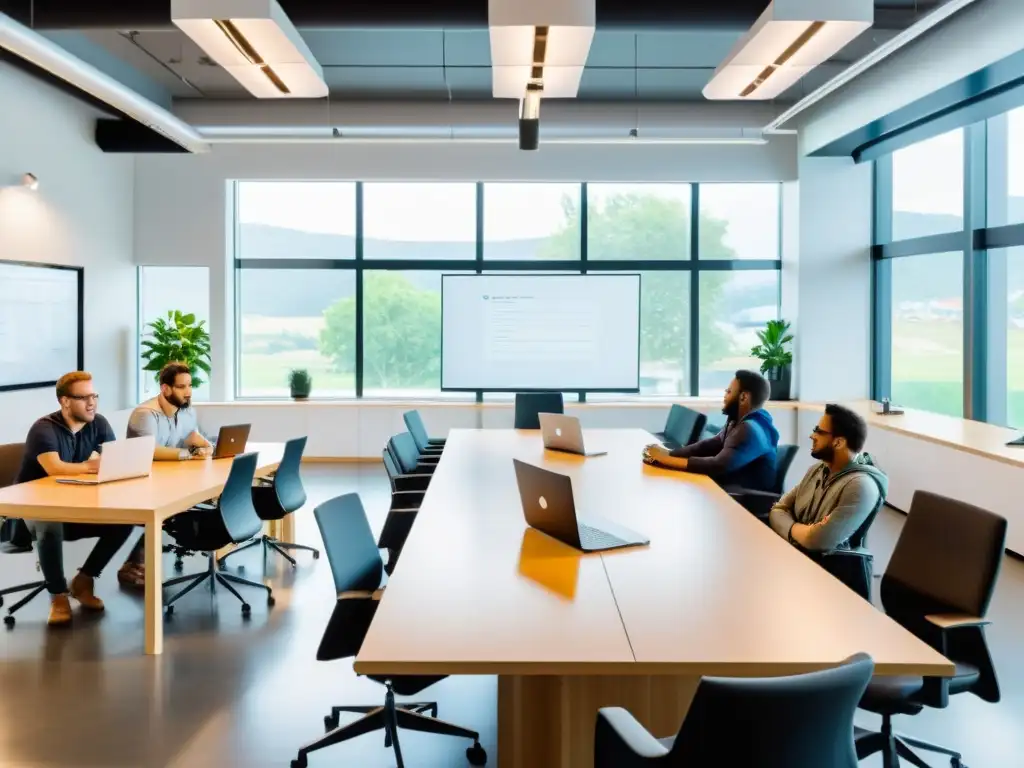 Equipo de desarrolladores de software colaborando en un espacio de oficina luminoso y abierto, discutiendo sobre código abierto