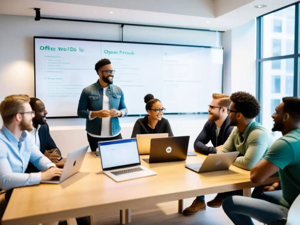 Equipo de desarrolladores de software colaborando en un espacio moderno, creando un ambiente cálido y animado