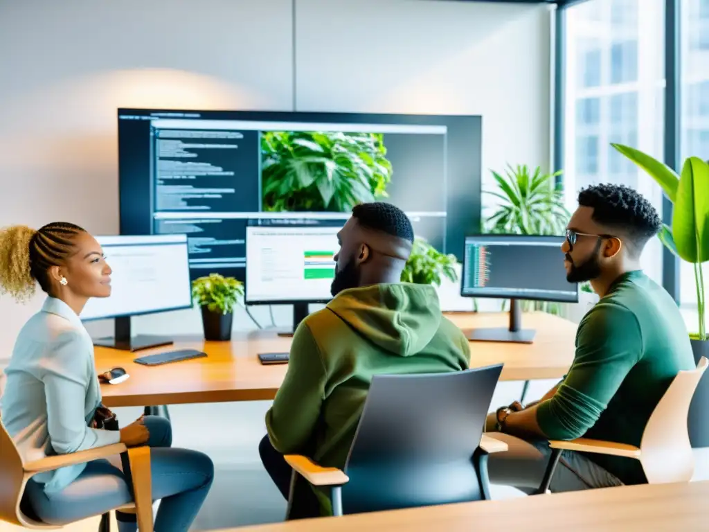 Equipo de desarrolladores de software colaborando en un espacio moderno y luminoso