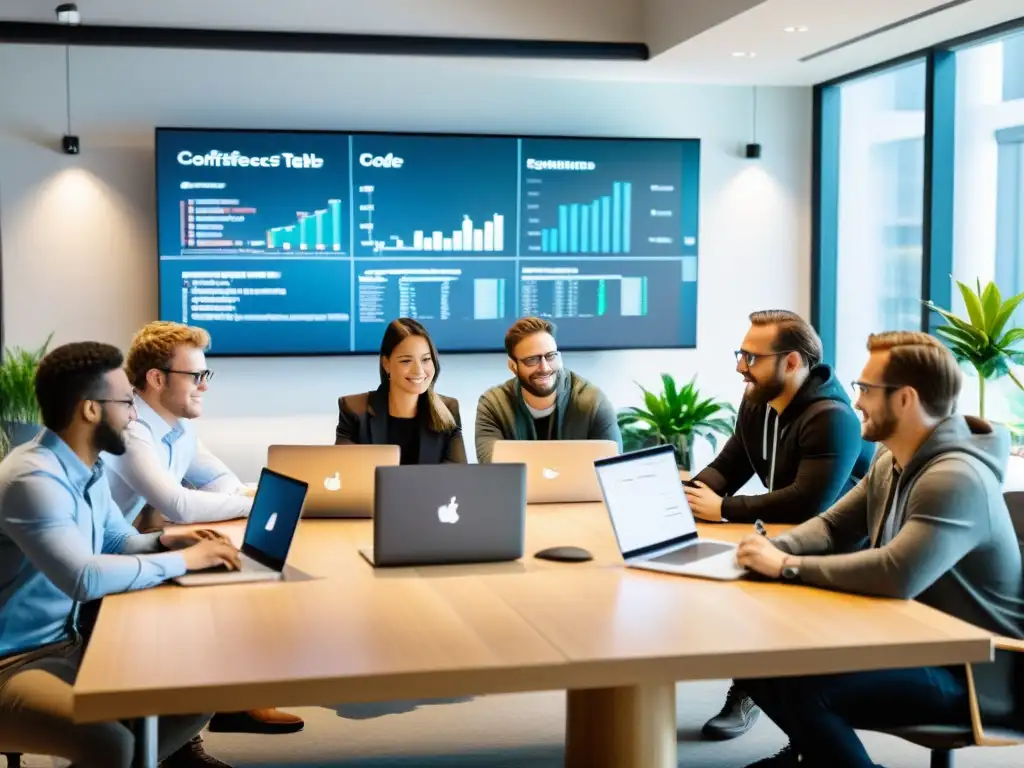 Un equipo de desarrolladores de software colabora en un espacio luminoso y creativo, discutiendo y señalando líneas de código en una pantalla digital