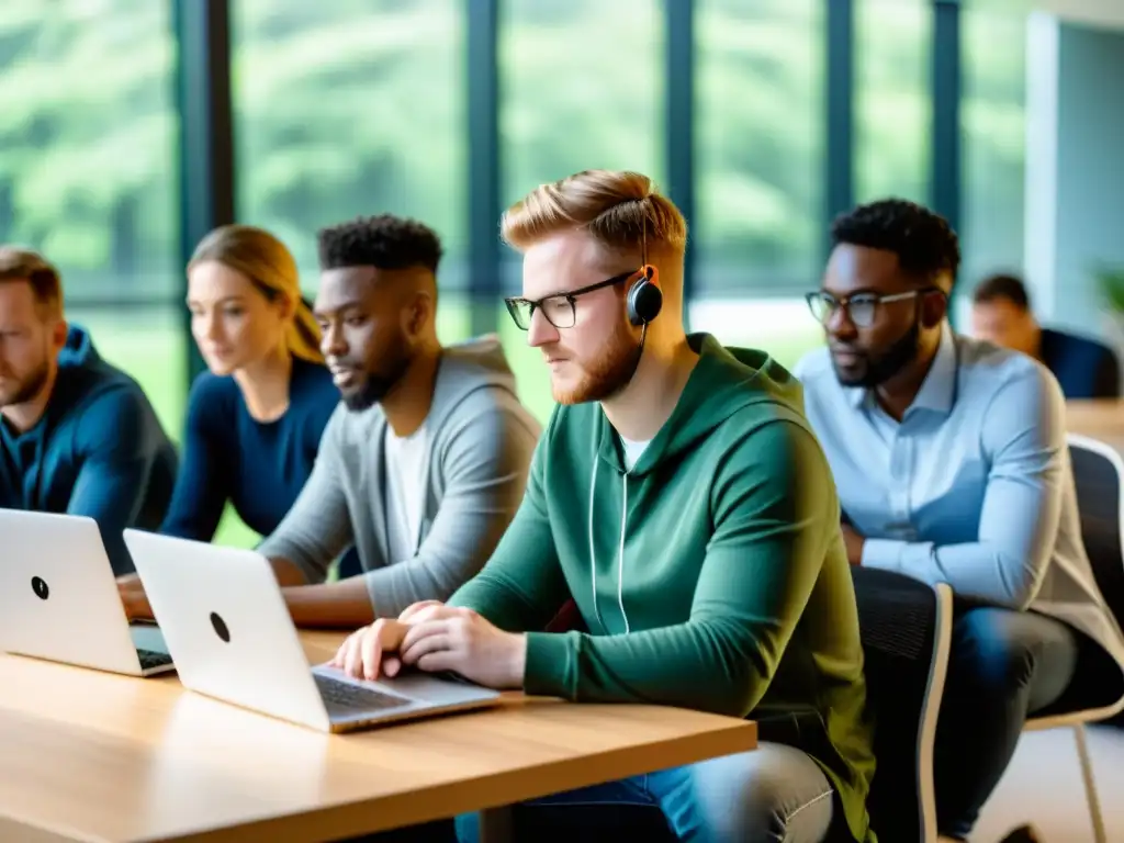 Un equipo de desarrolladores de software colaborando en la revisión e integración de código en una moderna sala de conferencias con luz natural