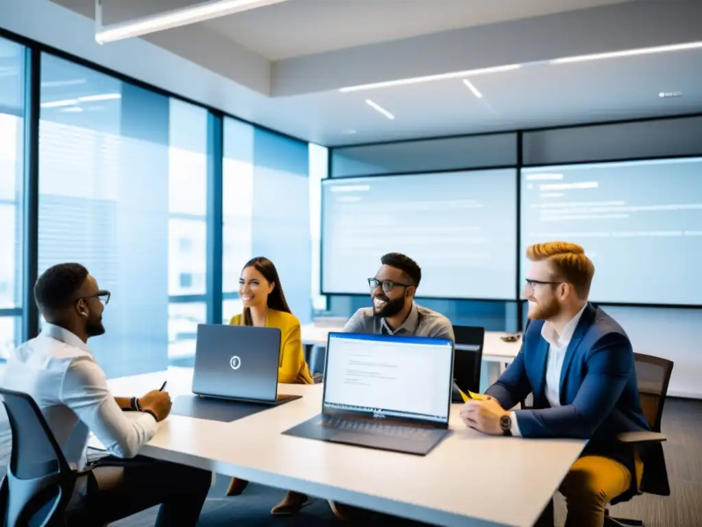 Equipo de desarrolladores de software colaborando en un moderno espacio de oficina, mejorando el flujo de trabajo y sistemas de control de versiones