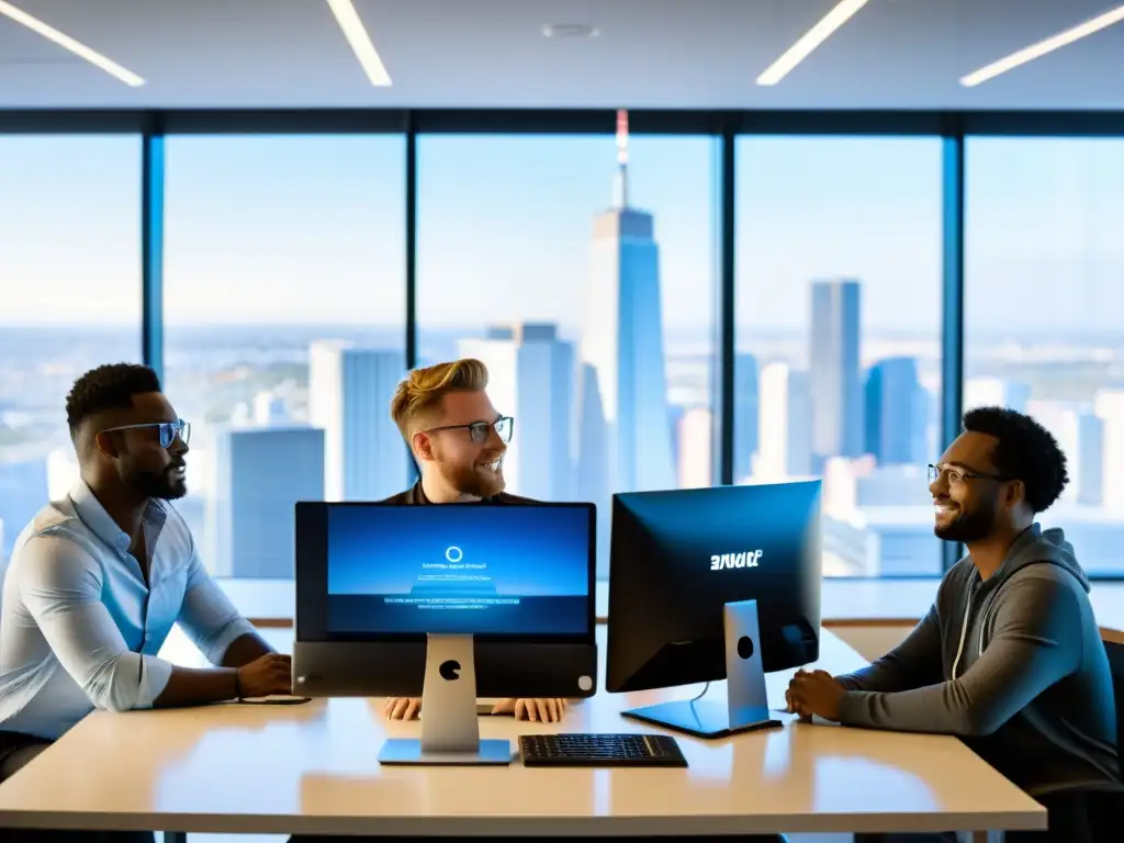 Un equipo de desarrolladores de software colaborando en un moderno espacio de oficina, con una vista panorámica de la ciudad