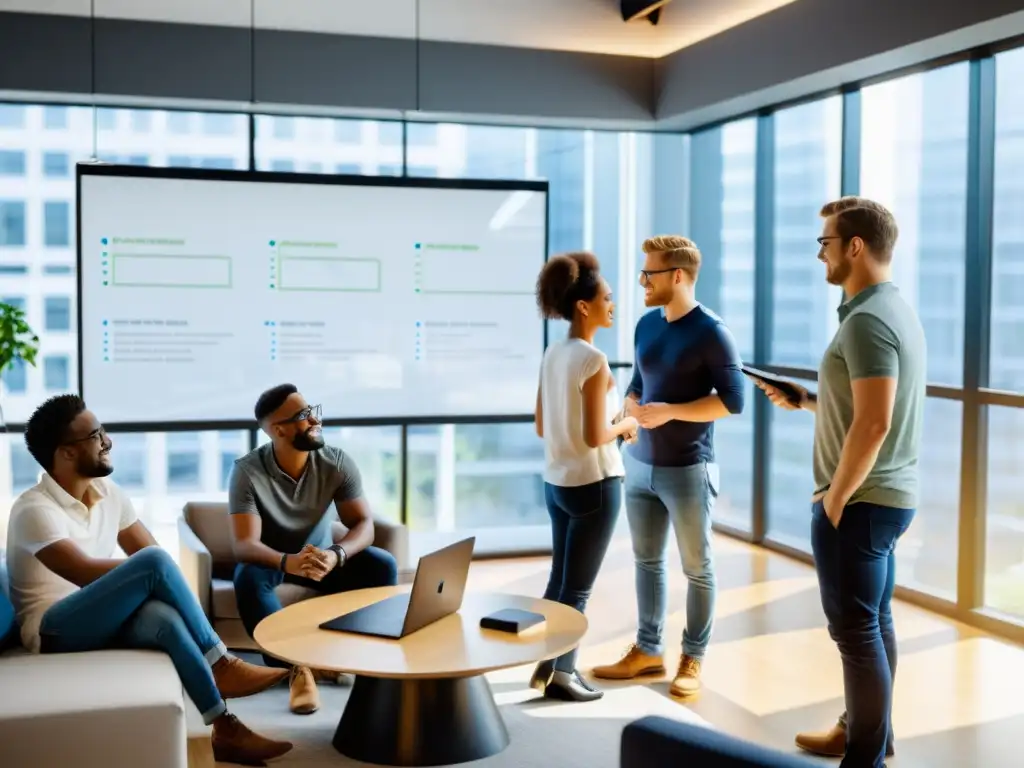 Un equipo de desarrolladores de software colaborando en una oficina moderna, rodeados de ventanales y mobiliario minimalista