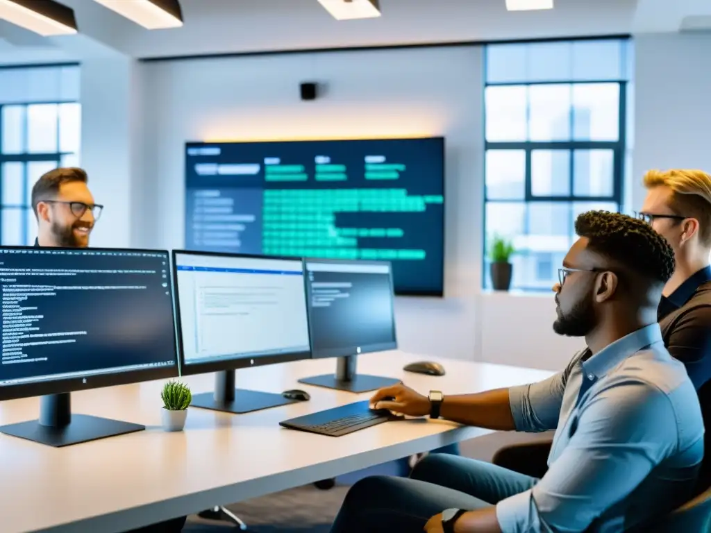 Equipo de desarrolladores de software colaborando en una oficina moderna y dinámica, mejorando el flujo de trabajo y control de versiones