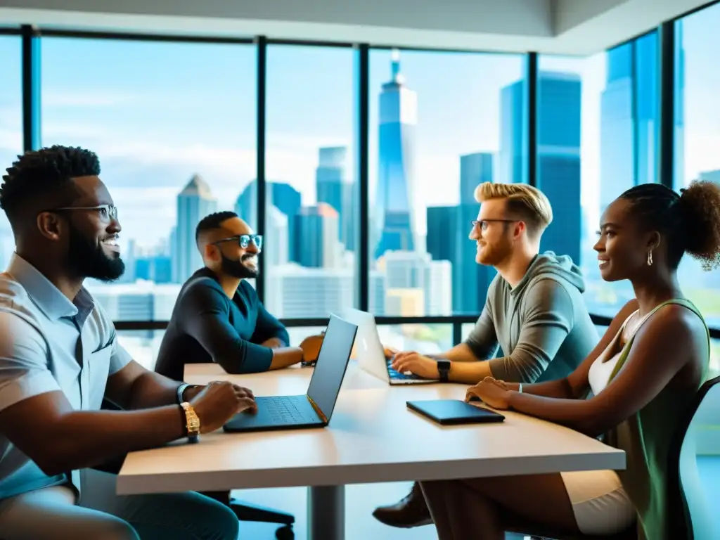 Equipo de desarrolladores de software colaborando en una oficina moderna, con vista a la ciudad