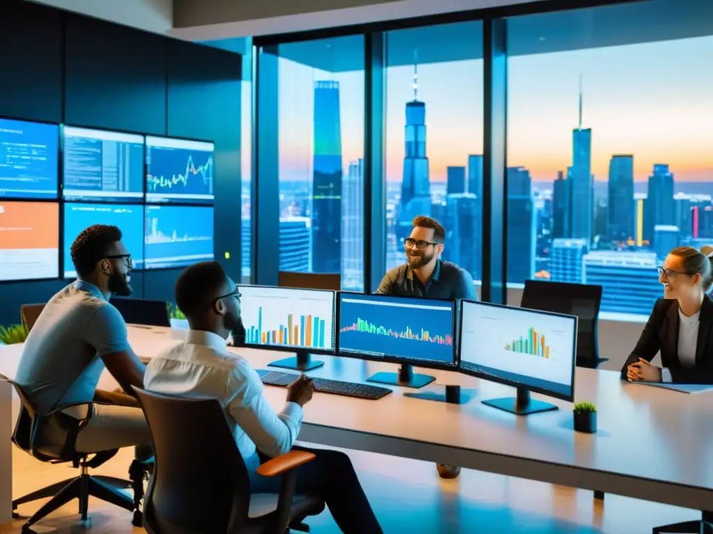 Equipo de desarrolladores de software colaborando en una oficina moderna, rodeados de monitores con código y visualizaciones de datos