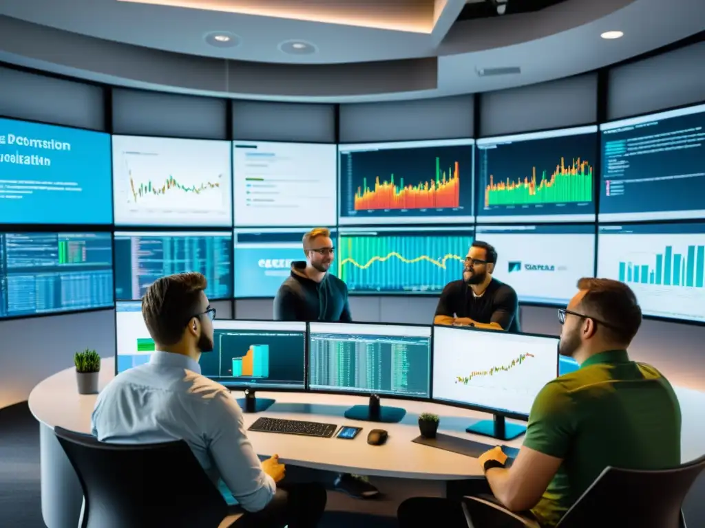 Equipo de desarrolladores de software colaborando en una oficina moderna, rodeados de monitores con líneas de código y visualizaciones de datos