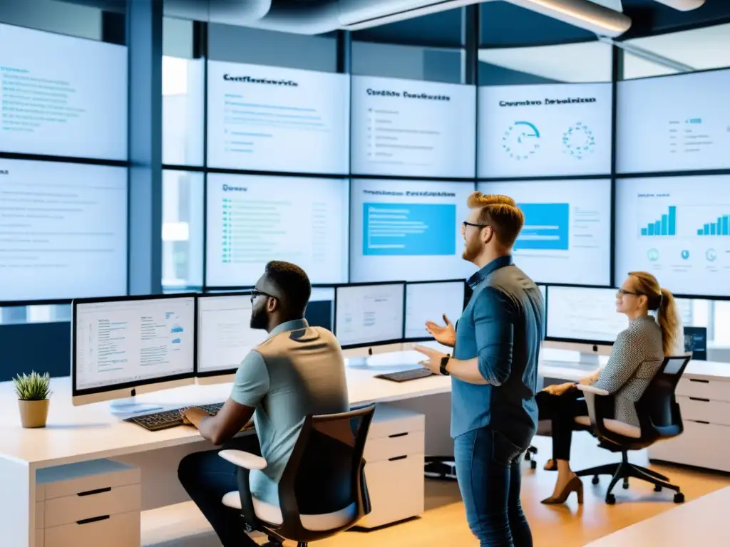 Un equipo de desarrolladores de software colaborando en una oficina moderna, discutiendo la implementación de arquitectura de microservicios en un entorno empresarial real