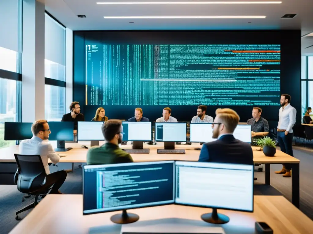 Un equipo de desarrolladores de software colaborando en una pantalla masiva llena de líneas de código, enfocados y comprometidos en el esfuerzo grupal