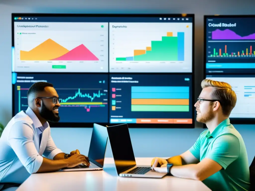 Un equipo de desarrolladores de software colaborando en una plataforma en la nube, con una interfaz moderna y elegante que muestra líneas de código, gráficos coloridos y actualizaciones en tiempo real del proyecto
