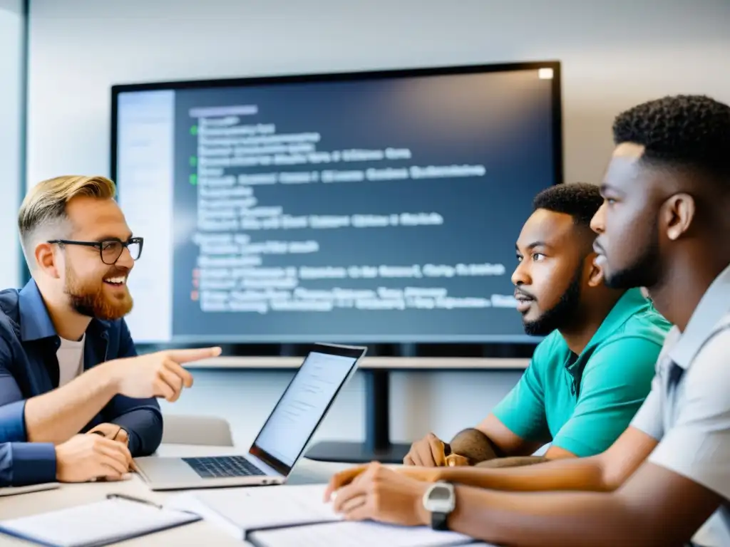 Un equipo de desarrolladores de software colaborando en un proyecto, discutiendo y señalando una pantalla con líneas de código visible, con un tablero blanco al fondo que muestra diversas metodologías ágiles y procesos de control de calidad