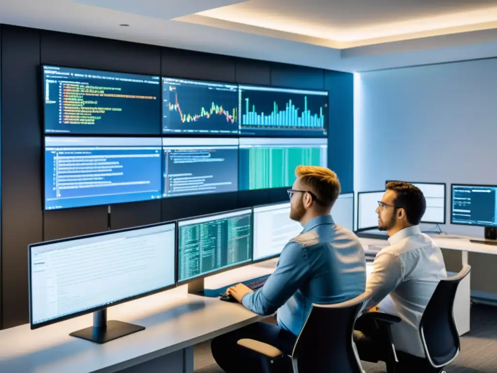 Un equipo de desarrolladores de software colabora en un sistema de control de versiones con pantallas mostrando líneas de código, gráficos de historial de versiones y actualizaciones en tiempo real