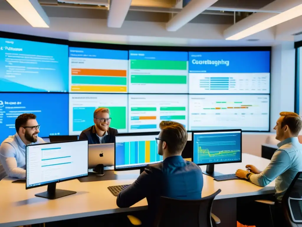 Un equipo de desarrolladores de software colaborando en tiempo real en una plataforma en la nube, con pantallas que muestran líneas de código, visualizaciones de datos coloridas y herramientas interactivas de gestión de proyectos