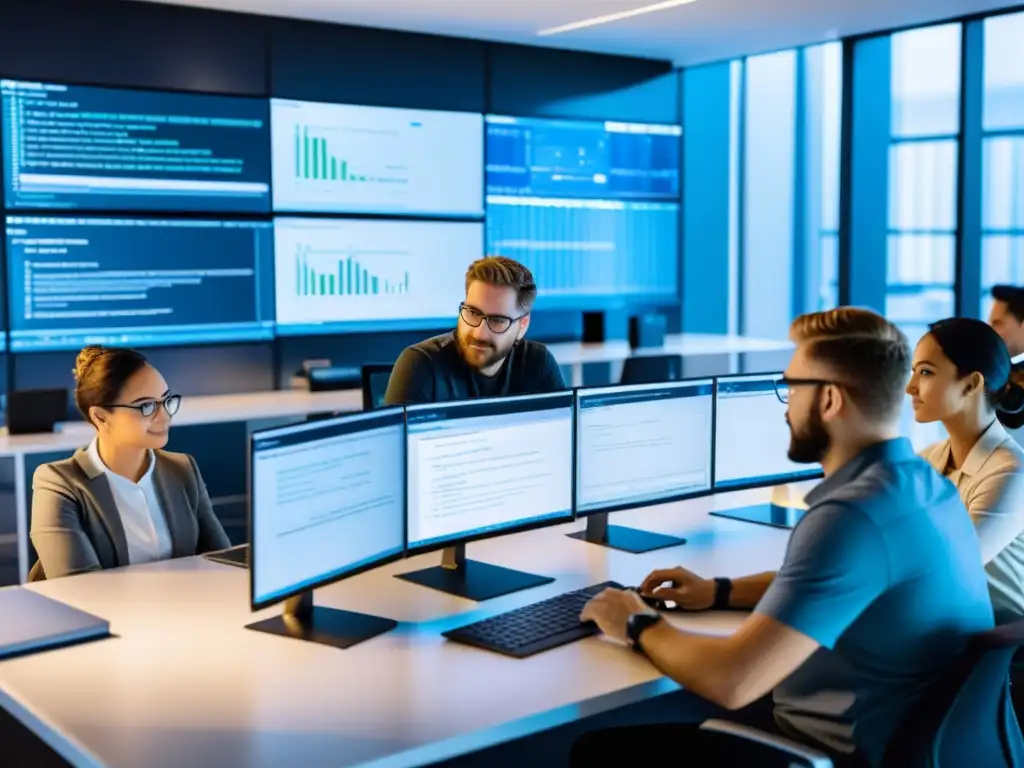 Equipo de desarrollo de software de código abierto trabajando en soluciones de cumplimiento PCI DSS en un ambiente innovador y colaborativo