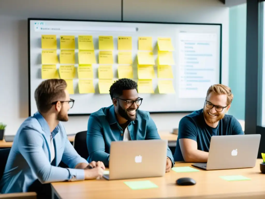 Equipo de desarrollo de software colaborando en un espacio abierto