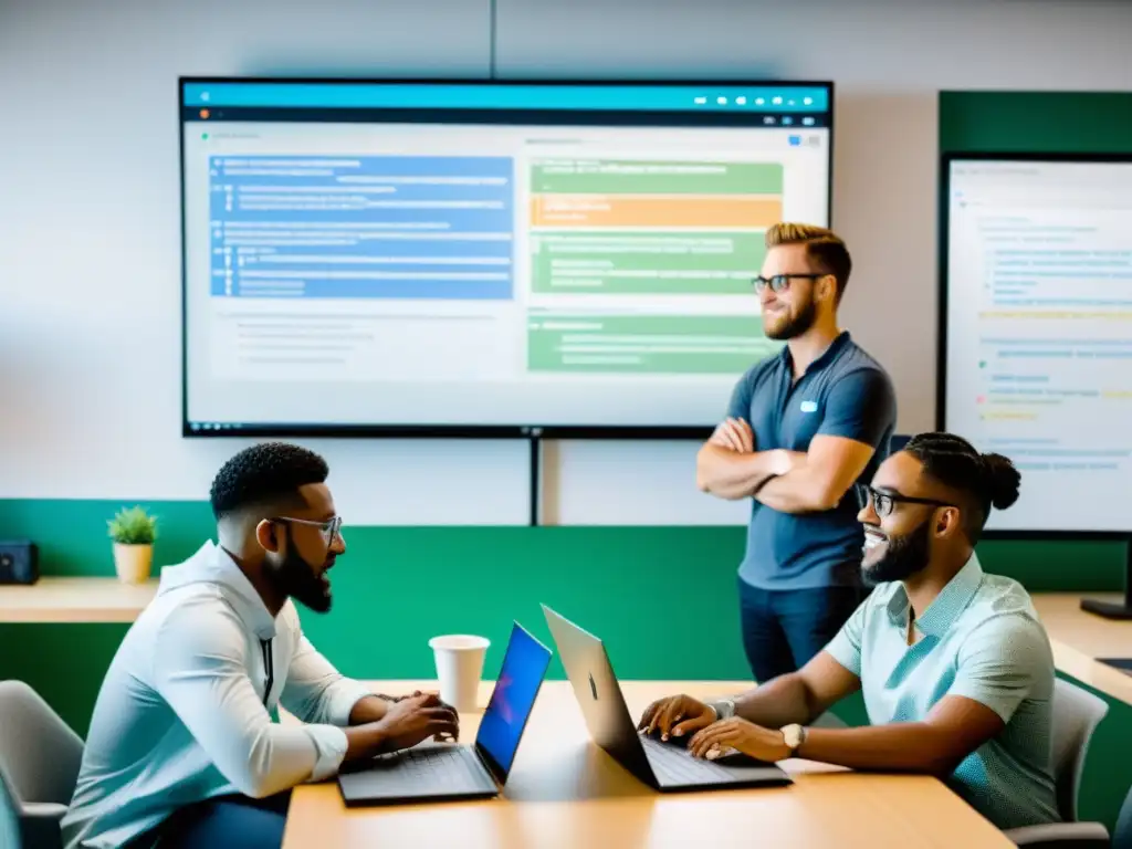 Equipo de desarrollo web moderno en acción, colaborando en un proyecto de TypeScript