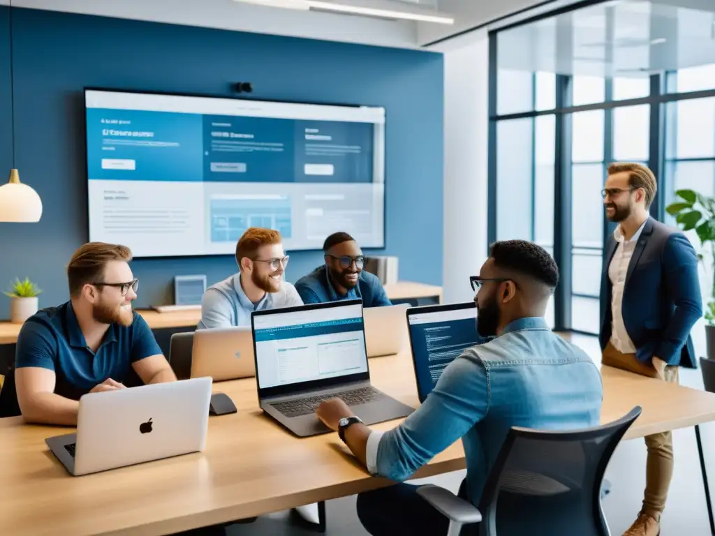 Un equipo de diseñadores UX y desarrolladores de software colaborando en una oficina moderna, discutiendo mockups de interfaz y escribiendo código