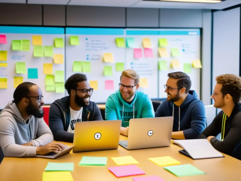 Equipo diverso colaborando en hackathon, laptops abiertas, notas adhesivas y pizarras llenas de ideas