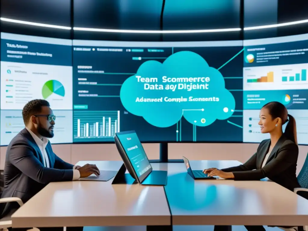 Un equipo diverso de analistas y científicos de datos colaboran en un espacio de trabajo tecnológico, visualizando datos de ecommerce
