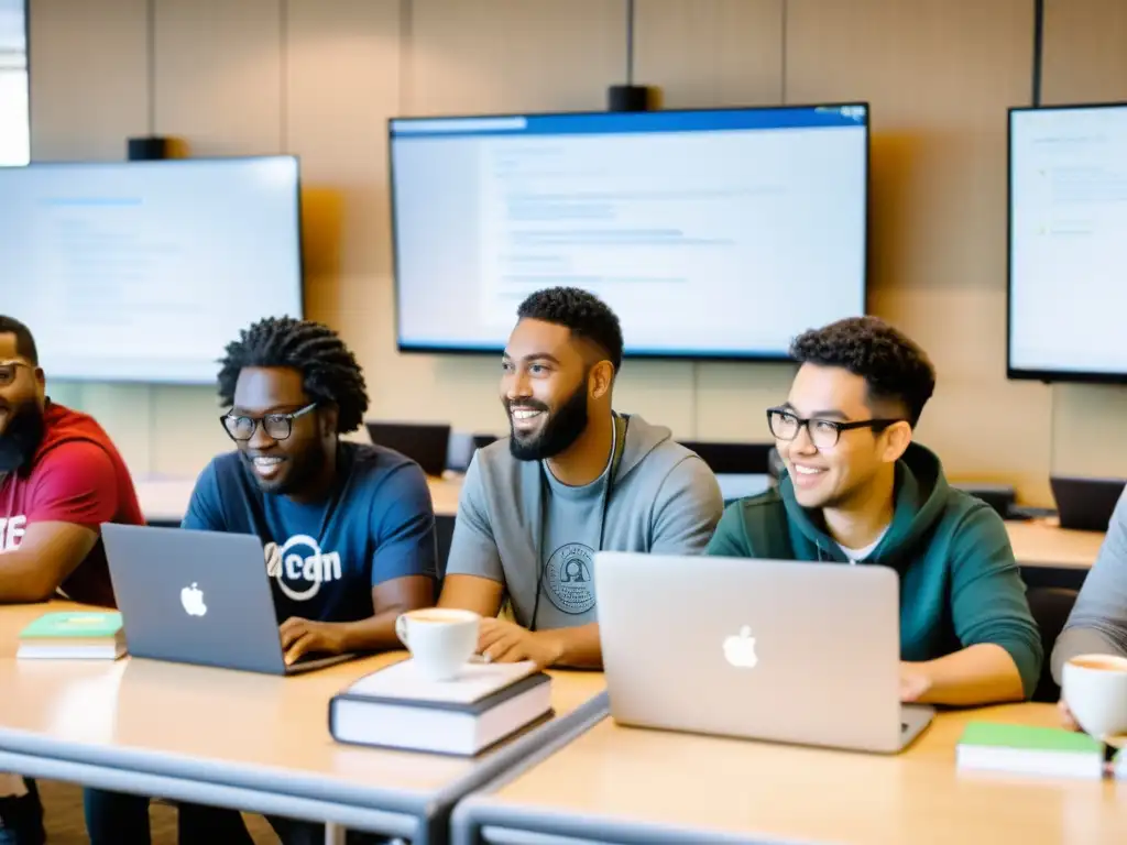 Equipo diverso en animada discusión en hackathons de código abierto colaborativos