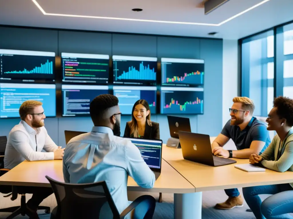 Un equipo diverso construyendo aplicaciones con Flutter Open Source en una oficina moderna, colaborando con determinación