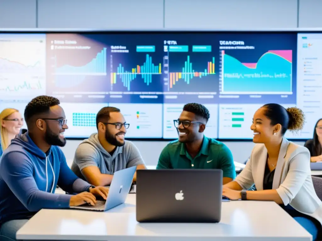 Equipo diverso en aula moderna con código colorido y visualizaciones de datos en pantallas