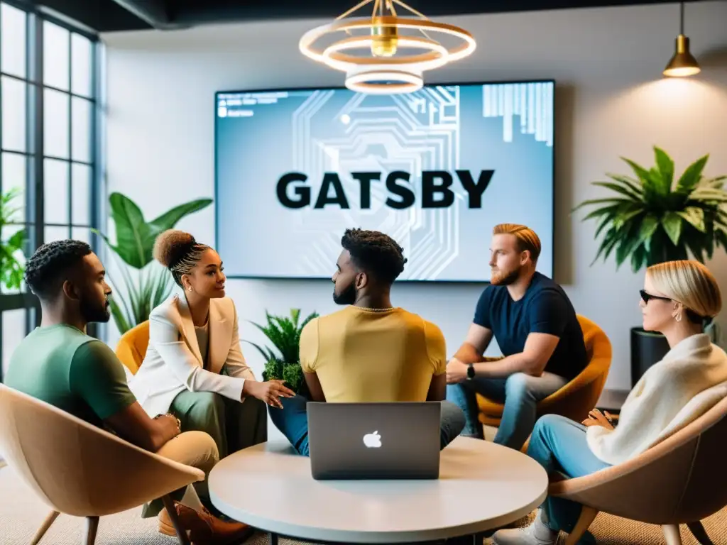 Un equipo diverso colabora en un círculo, discutiendo ideas frente a la pantalla con código de Gatsby