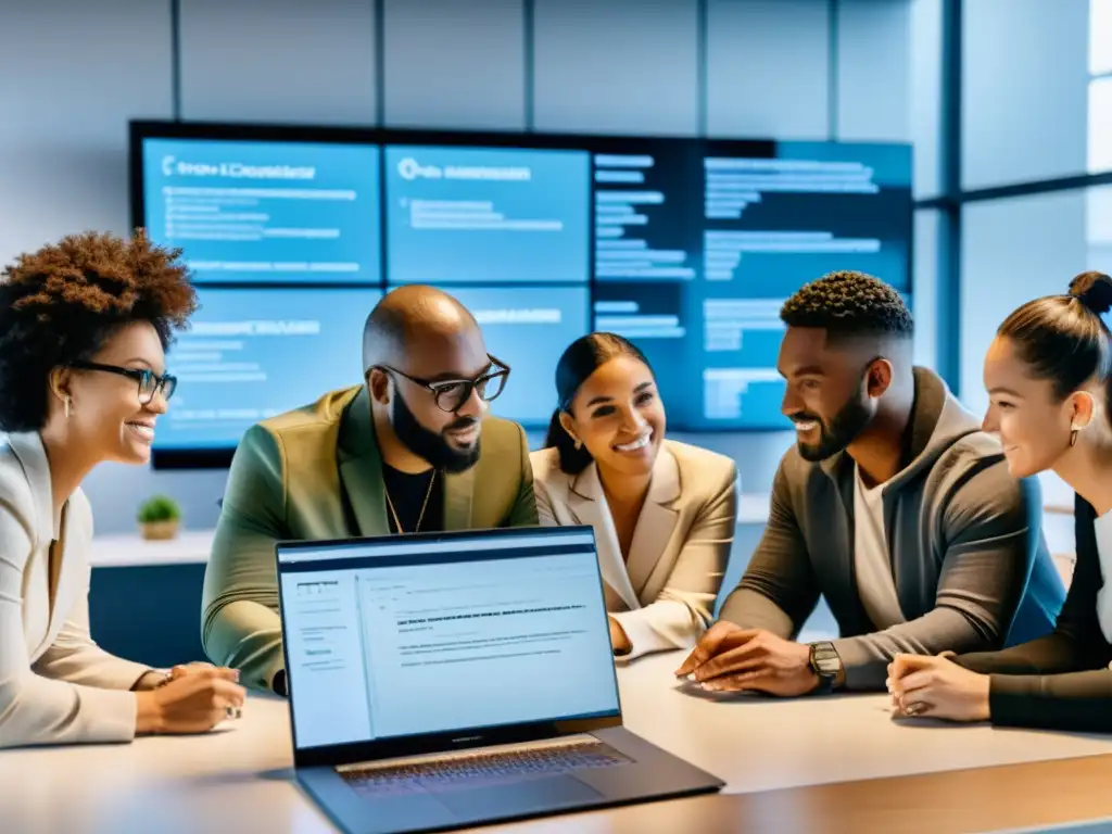 Equipo diverso colaborando en código abierto para principiantes en una oficina moderna, fomentando la inclusión y la innovación