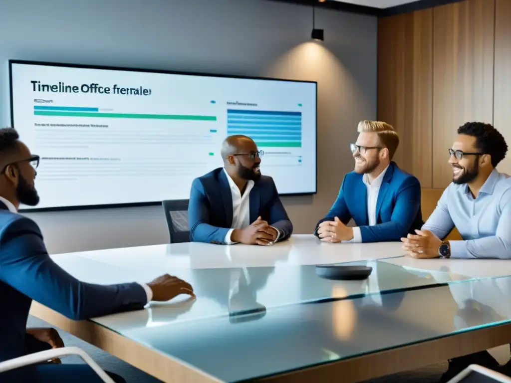 Un equipo diverso y colaborativo discute un plan de migrar a software de código abierto en una oficina moderna y profesional