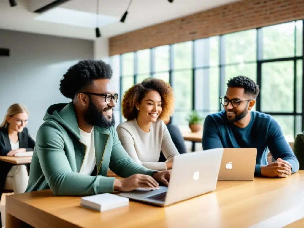 Un equipo diverso colaborando en laptops para construir comunidad startup open source, en un ambiente cálido y profesional