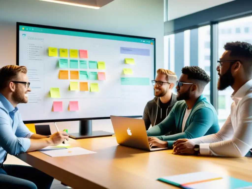 Equipo de desarrolladores innovando en un entorno tech moderno Equipo diverso de desarrolladores colaborando en un ambiente moderno, con luz natural y pizarras llenas de ideas