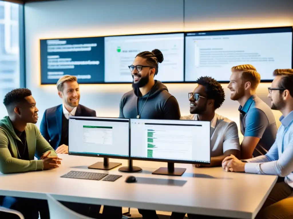 Equipo diverso de desarrolladores discutiendo desafíos y ventajas de Travis CI en proyectos open source en moderna oficina