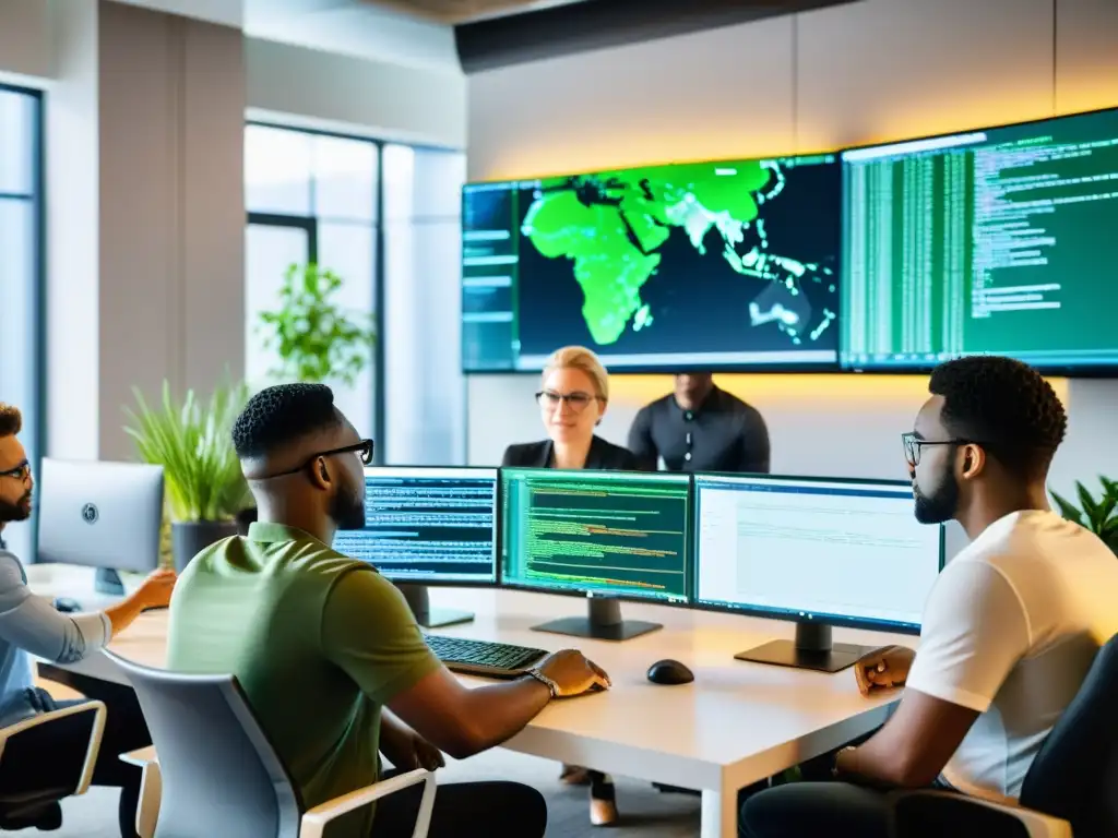 Un equipo diverso de desarrolladores colaborando en un espacio de oficina moderno, enfocados y determinados