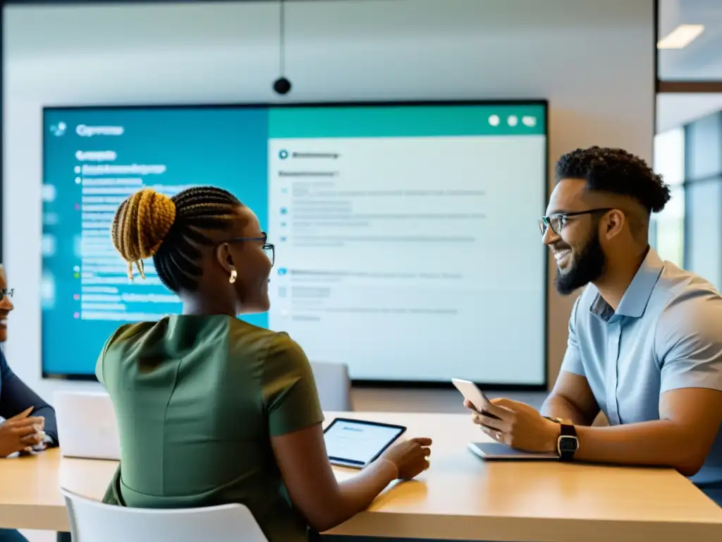 Un equipo diverso de desarrolladores trabaja en un espacio de oficina moderno, colaborando en el desarrollo de aplicaciones móviles de código abierto