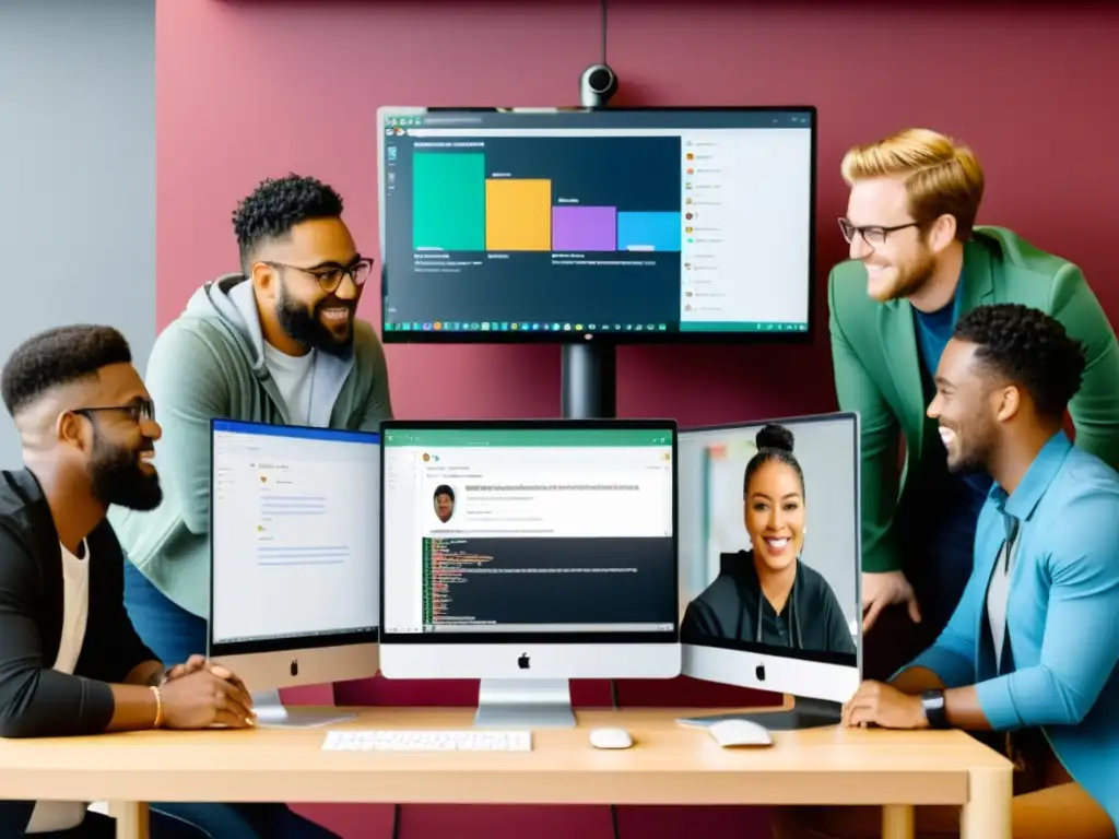 Un equipo diverso de desarrolladores colaborando en un espacio moderno, usando herramientas open source para comunicarse y compartir ideas